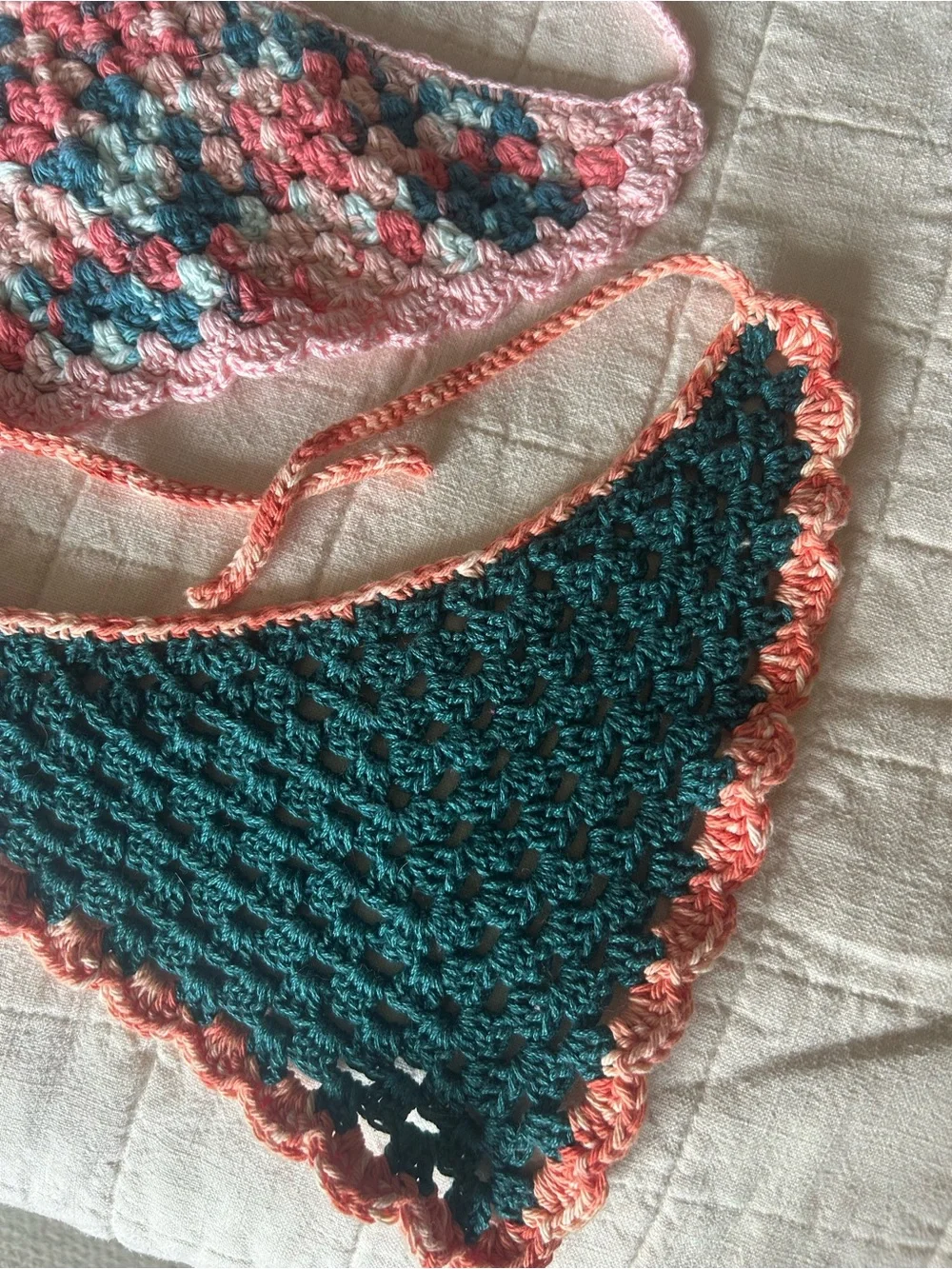 Handmade Crochet Triangle Hair Scarves — Pink & Teal